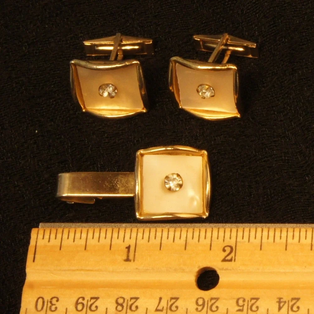 Mens Cufflinks & Tie Clip Set‎ Gold Tone Ivory Center Rhinestone Classic